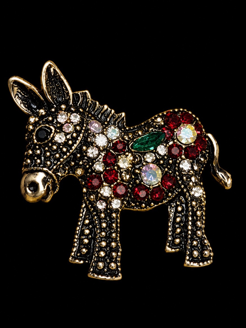 Multicolor Crystal Donkey Brooch - Gold Tone